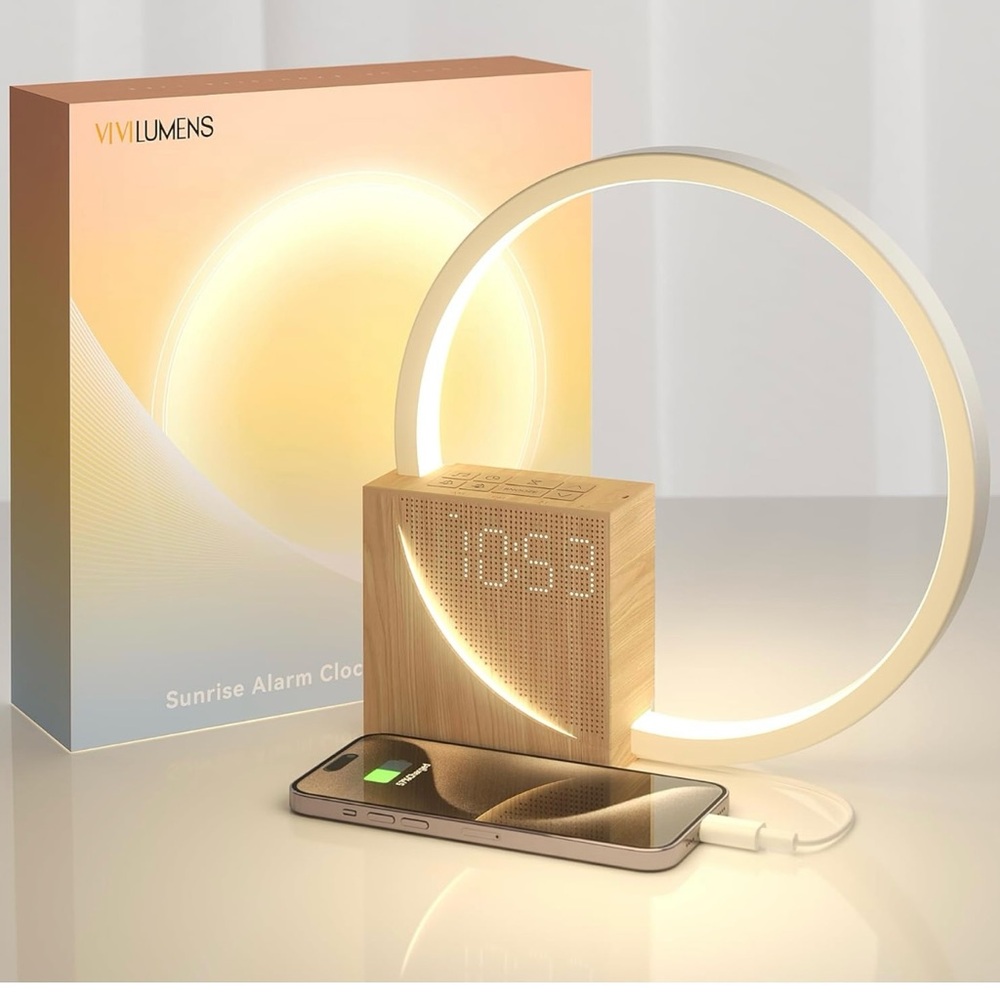 Lumens Sunrise Alarm Clock with LED Ring Light - Natural Wood and White